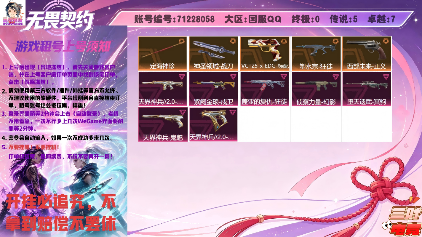 EDG标配、定海神针、塑水宗狂徒、盖亚狂徒、侦查幻影、天界幻影、紫金戍卫、堕天冥驹、西部未来正义、天界鬼魅、天界狂怒