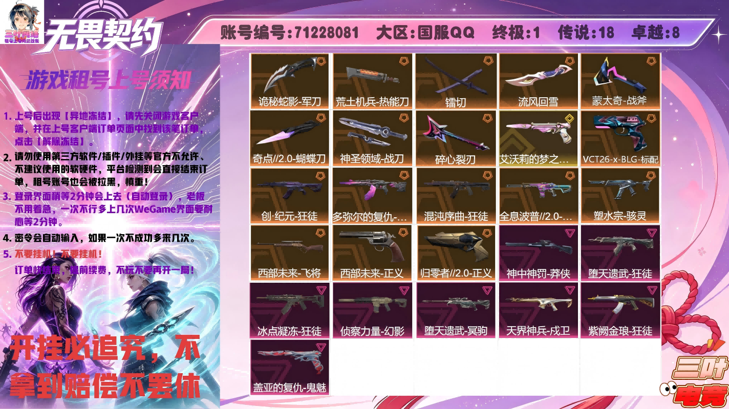 流风回雪、镭切、奇点蝴蝶刀、混沌狂徒、石头狂徒、创纪元狂徒、紫金狂徒、堕天狂徒、冰点狂徒、全息幻影、侦查幻影、暗夜獠犬、天界戍卫、堕天冥驹、西部未来飞将、神中神罚莽侠、塑水宗骇灵、西部未来正义、归零者正义、猫猫鬼魅、盖亚鬼魅、26BLG标配