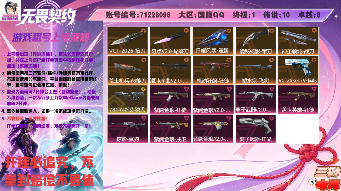 VCT26篆刀、塑水宗飞将、混沌20幻影、机动狂飙狂徒、LEV标配、奇点20蝴蝶刀、781獠犬、紫金狂徒、紫金幻影、离子狂徒、紫金奥丁掠影冥驹、猴子狂徒、离子正义、紫金戍卫
